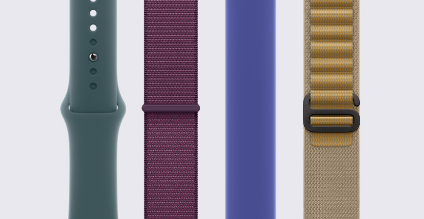 Quatro pulseiras diferentes para Apple Watch dispostas na vertical, lado a lado.