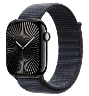 Apple Watch Series 10 med urkasse av aluminium i gagatsvart og Sport Loop-rem i blekk.