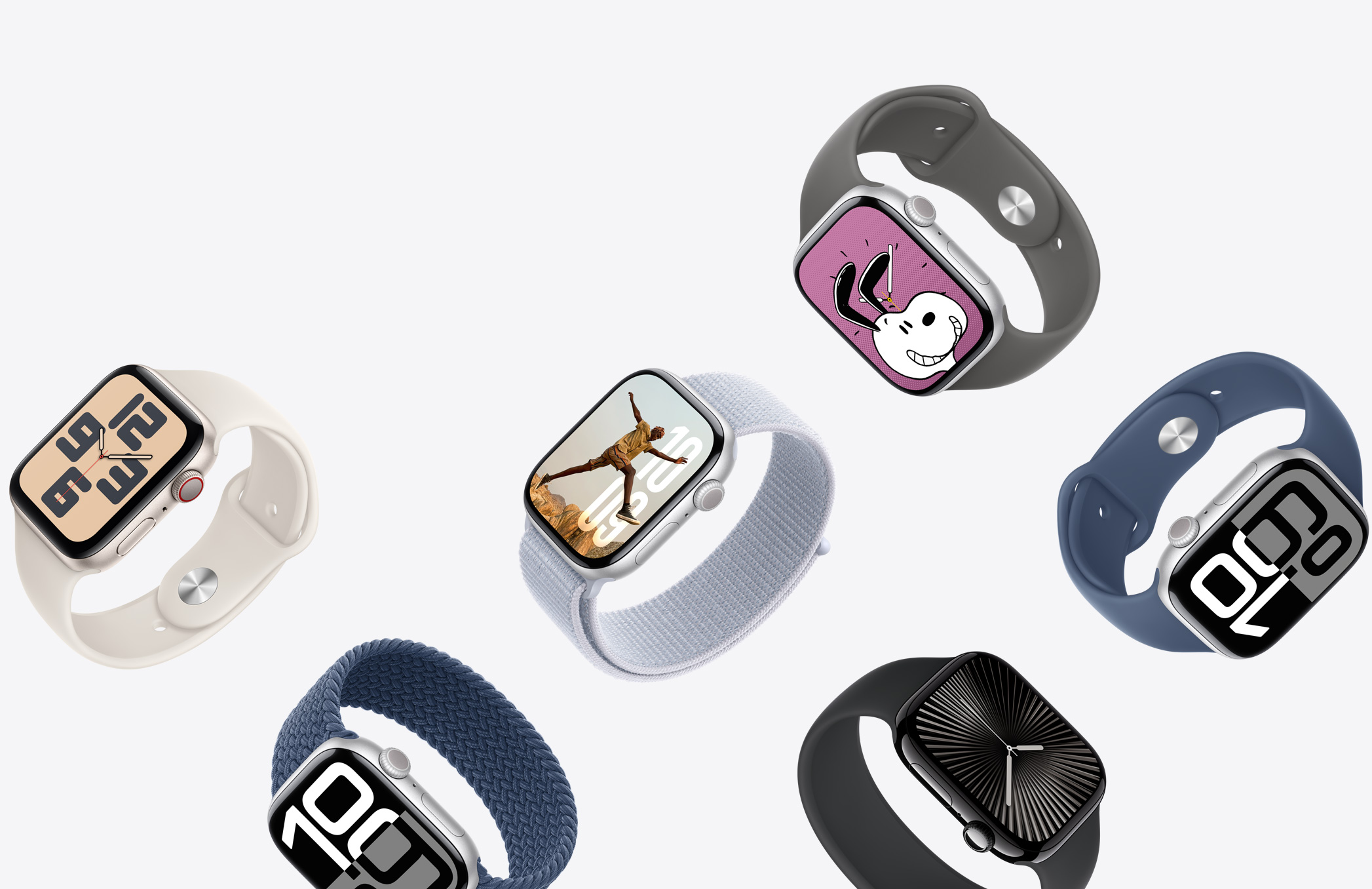 Et utvalg Apple Watch-enheter med urkasser i ulike finisher og remmer i ulike farger og materialer.