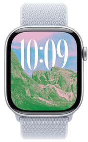 Zifferblatt mit dem Foto einer Landschaft mit benutzerdefinierter Zeitgrösse und Schrift auf der Apple Watch.