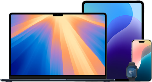 MacBook, iPad, iPhone und Apple Watch zusammen angeordnet