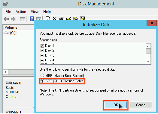 Selecting a partition scheme in the disk initialization window.