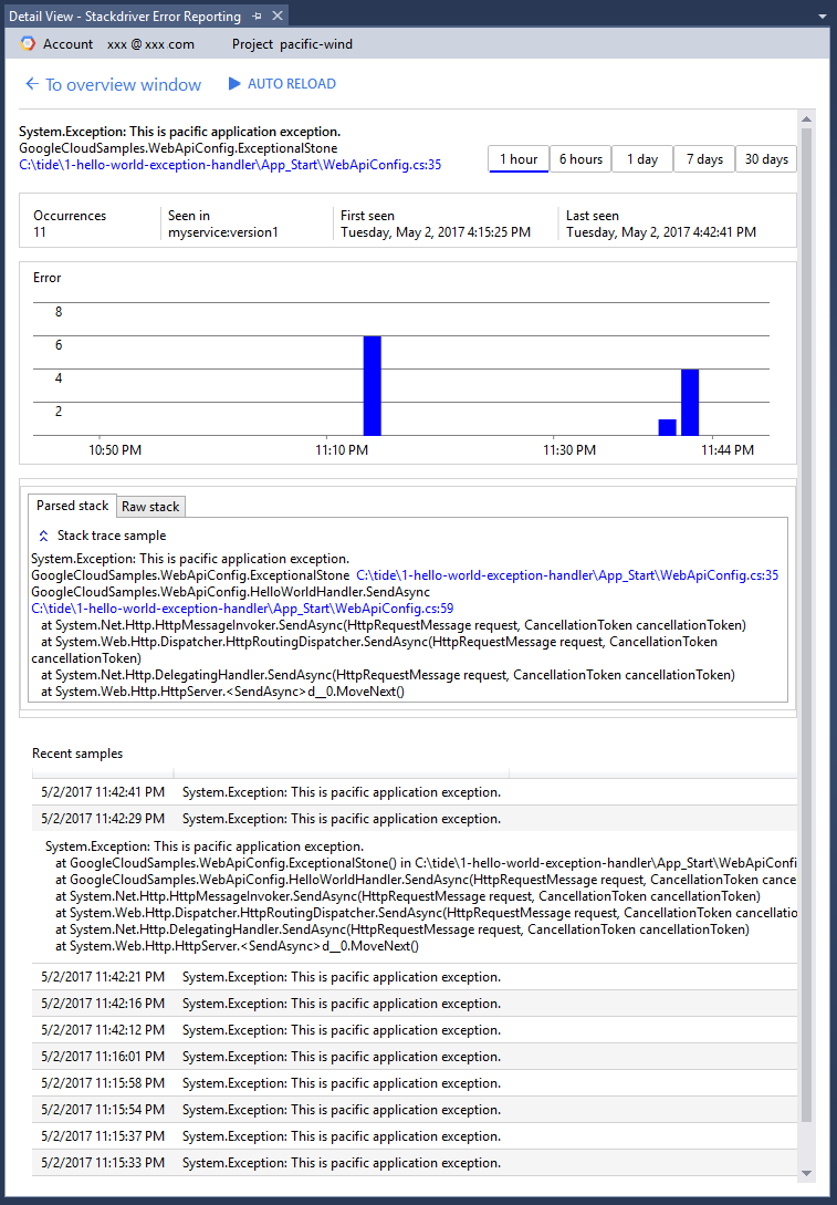 Image showing the Detail View tab for the selected error