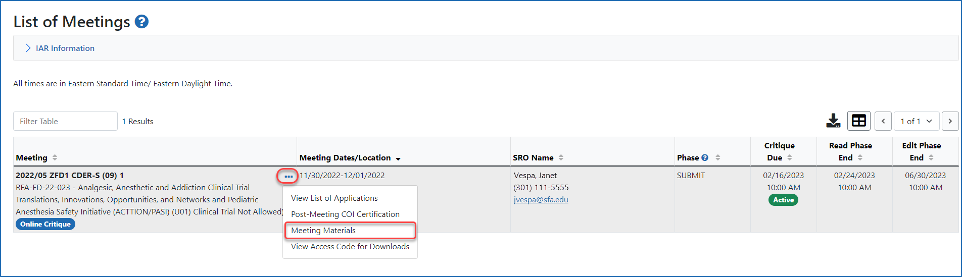 The Meeting Materials link is accessed by clicking the three-dot ellipses icon in the Meeting column of the List of Meetings screen