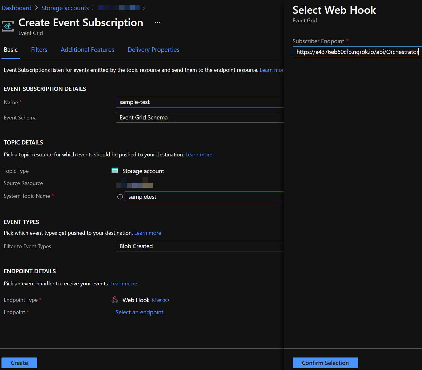 An Event Grid subscription set up to target an ngrok endpoint