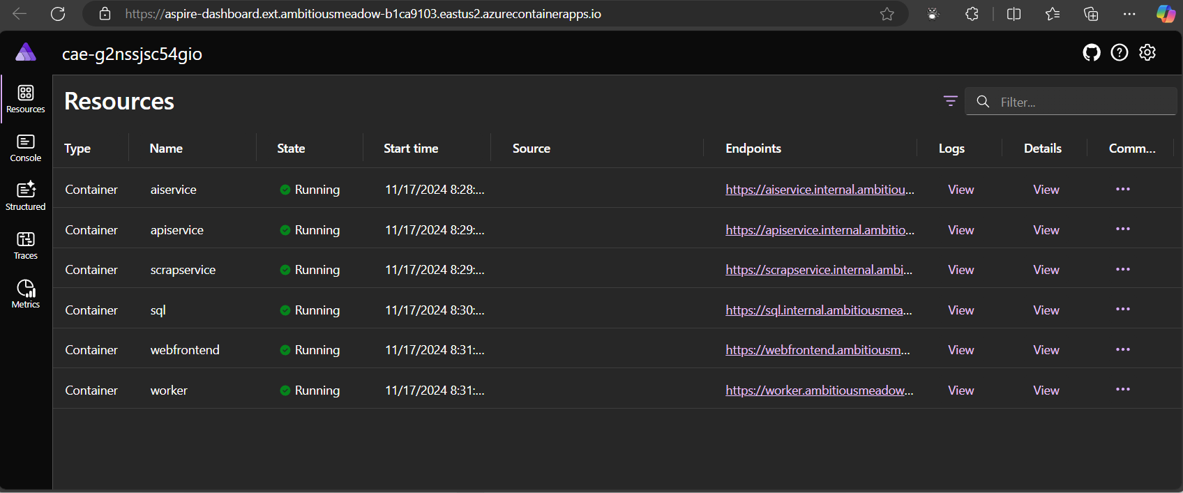 Aspire Dashboard to check the running services