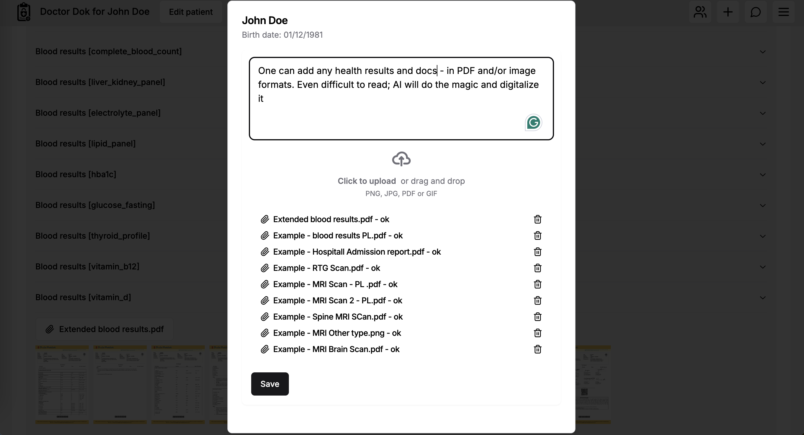 Adding health data in any format