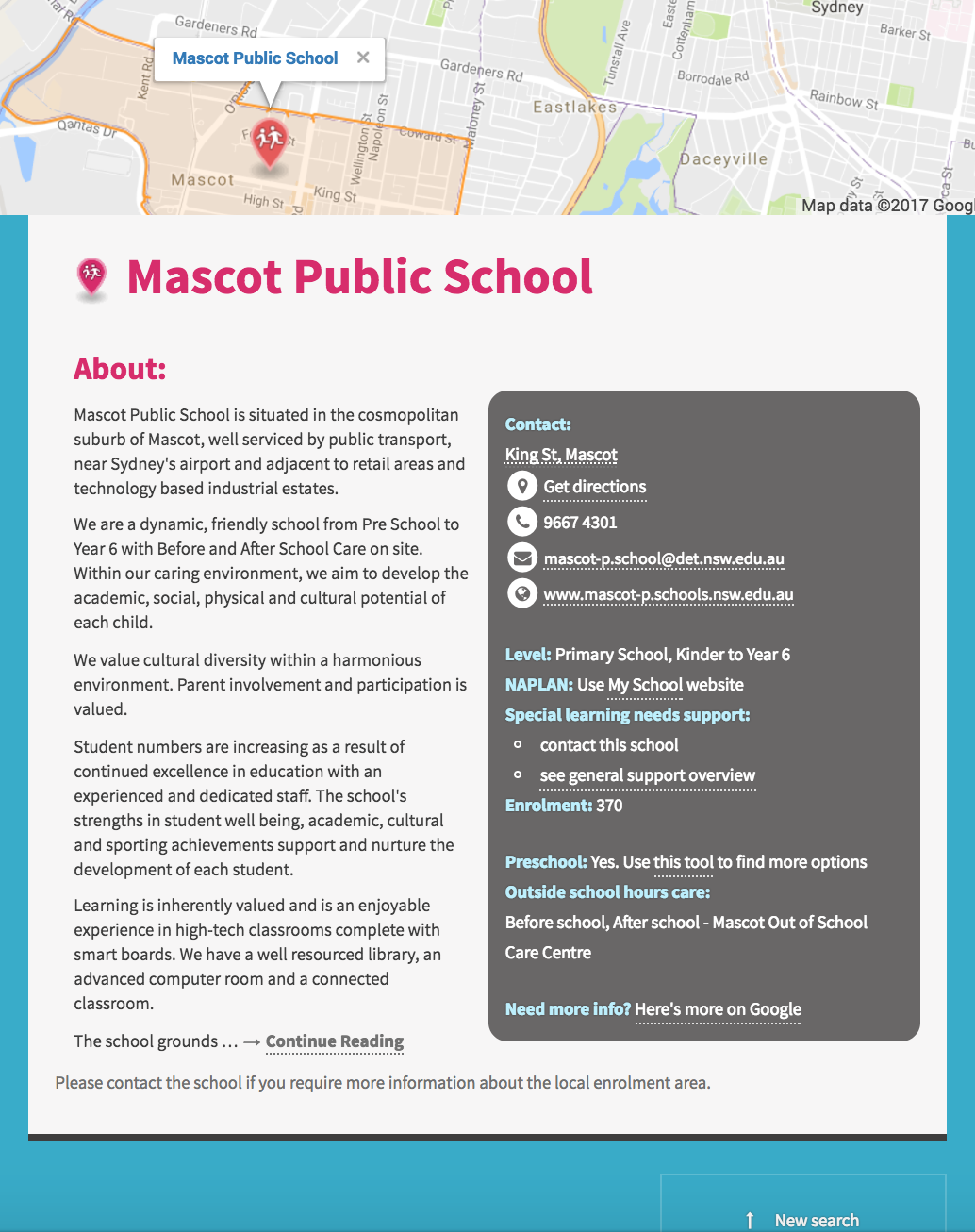 Screenshot of school details screen