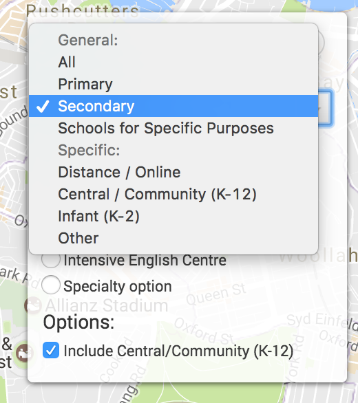 Screenshot of school control, switching between school types