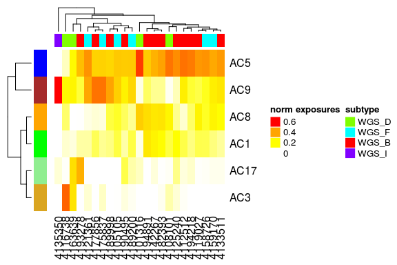 Clustering of Samples and Signatures based on the relative exposures of the COSMIC signatures in the lymphoma mutational catalogues.