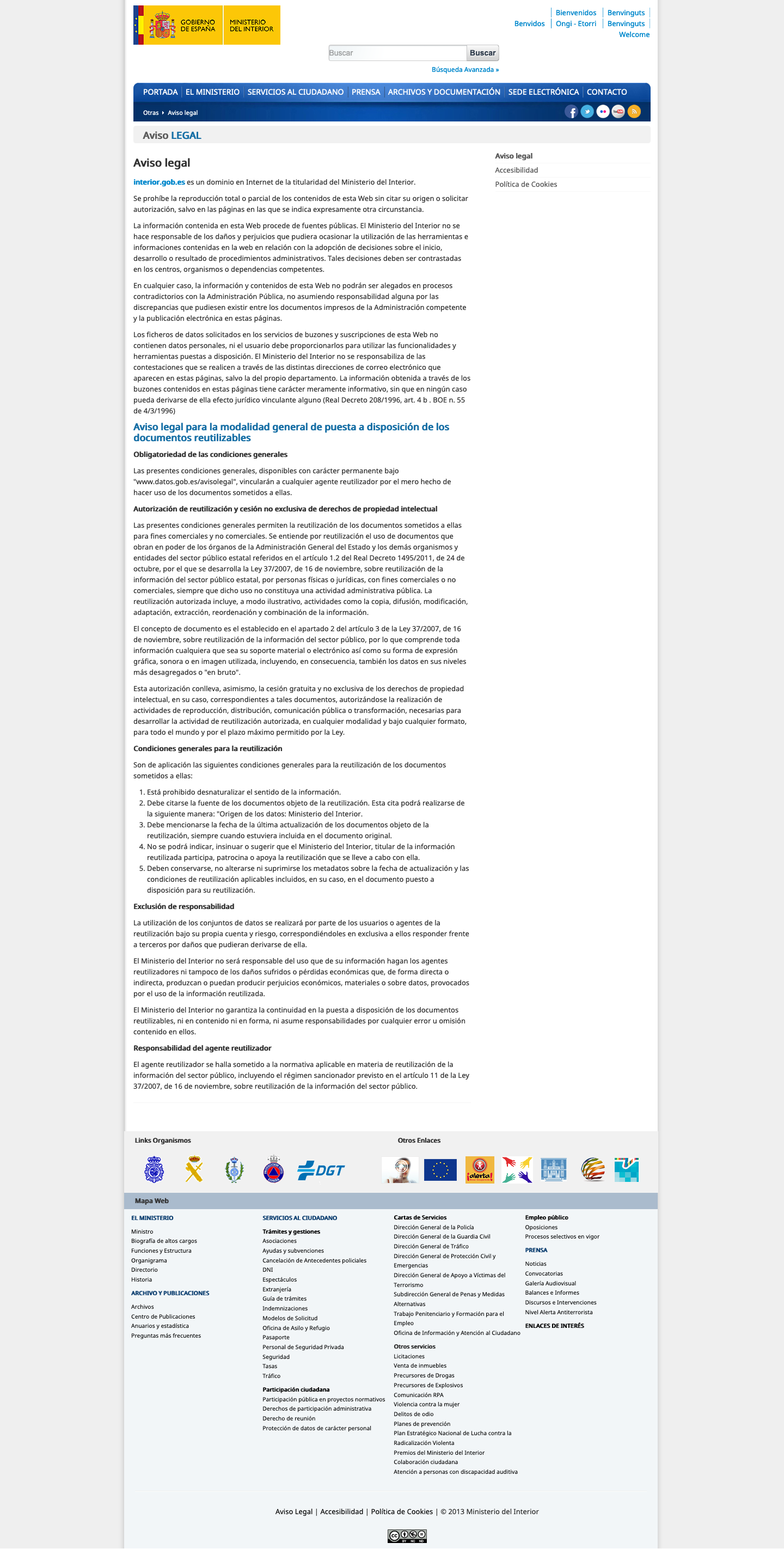 Captura de pantalla del aviso legal del Ministerio del Interior