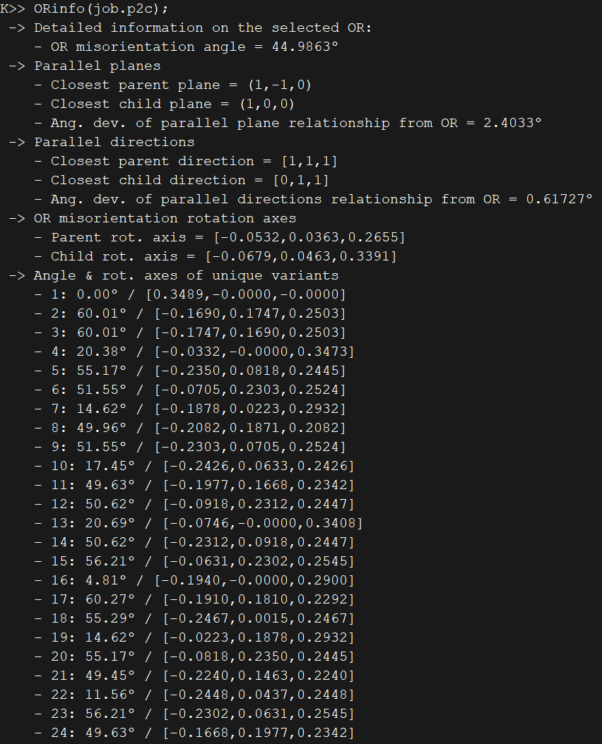 Command window output example from ORinfo