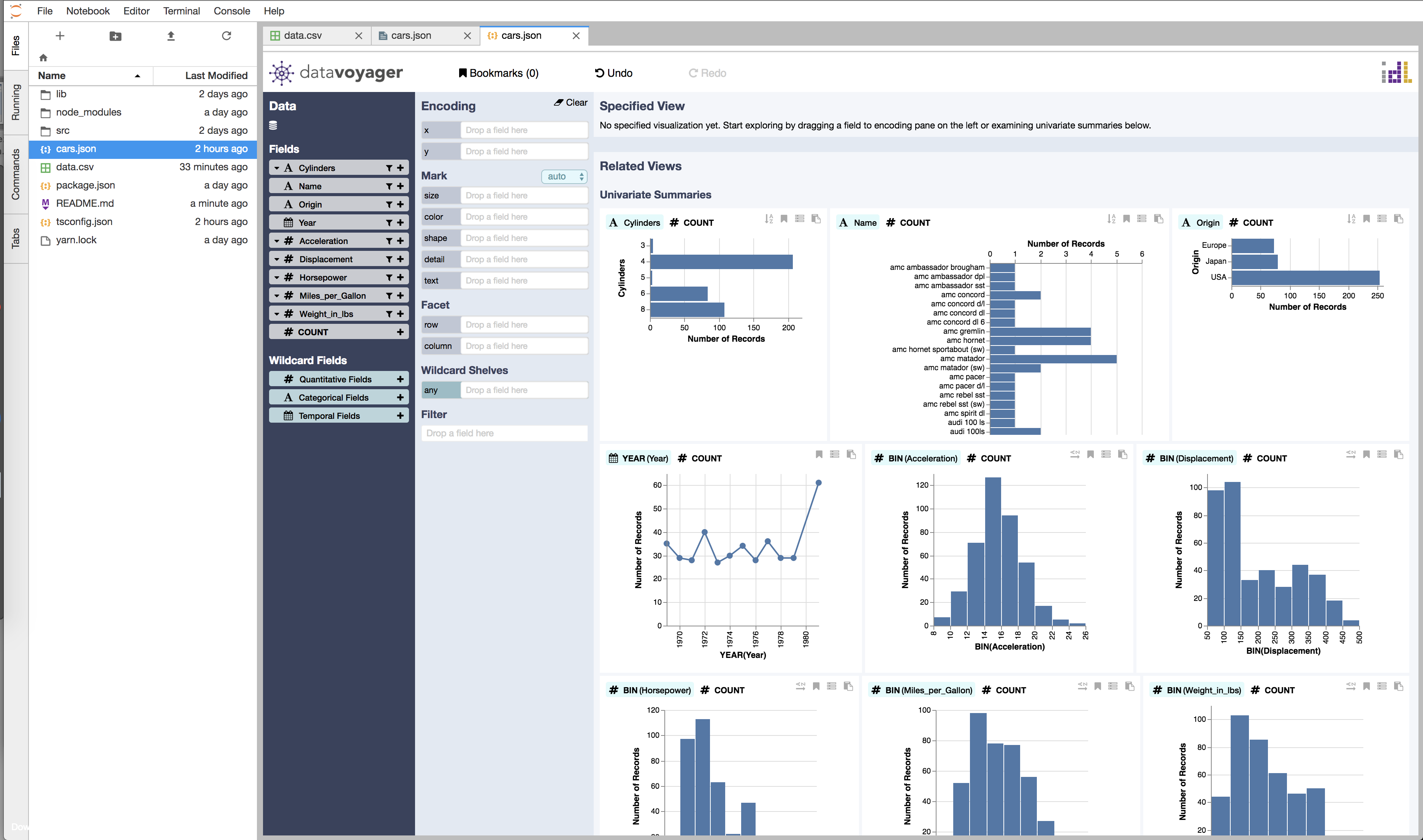 Screen shot showing data file opened in Voyager in JupyterLab