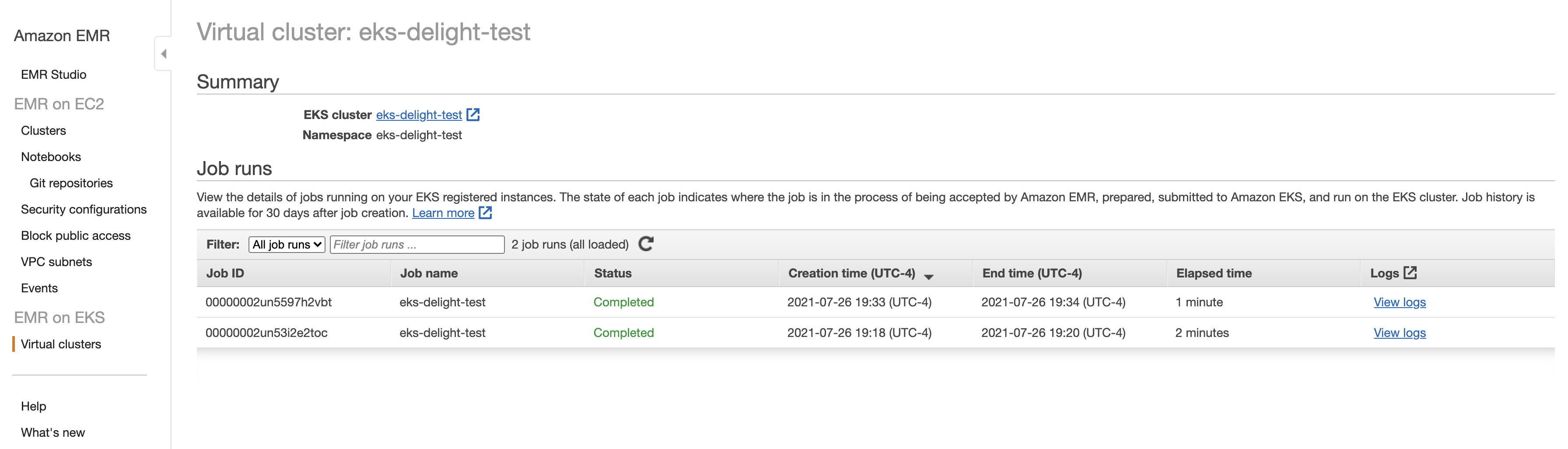 EMR Virtual Cluster Dashboard