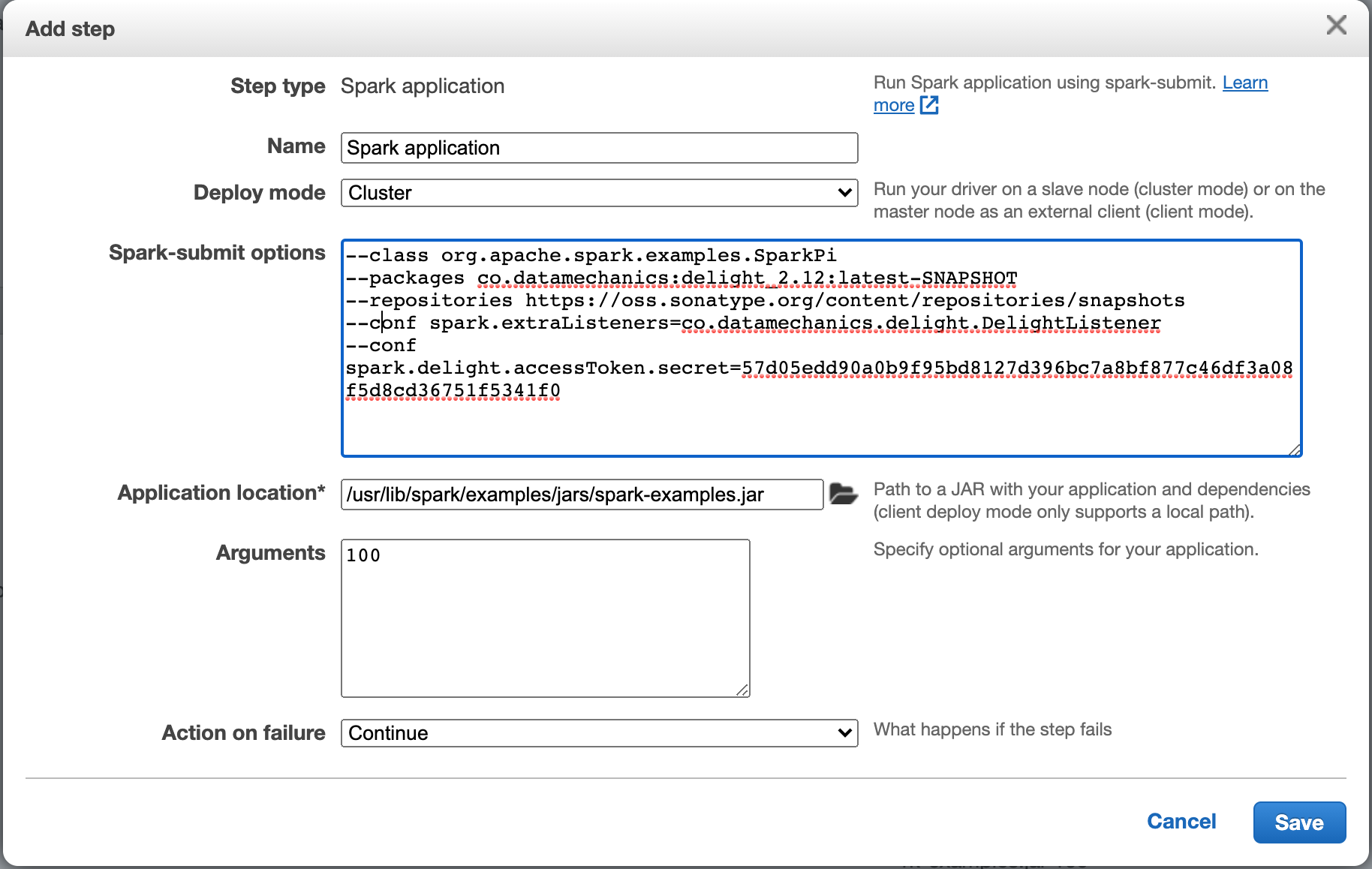 Configure Spark application step on EMR