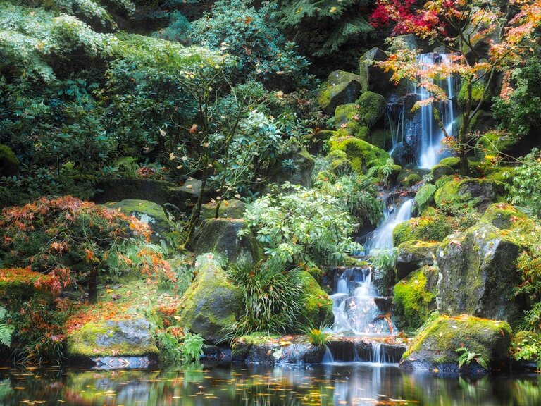 Waterfall in the Japanese Gardens of Portland /r/EarthPorn