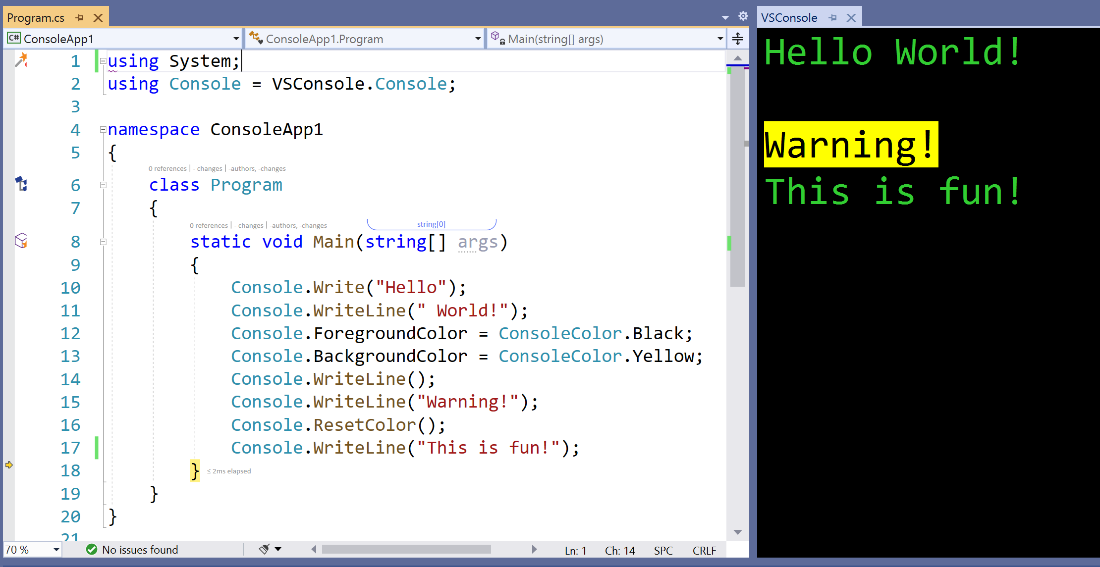 Screenshot showing example output in the VSConsole window inside Visual Studio