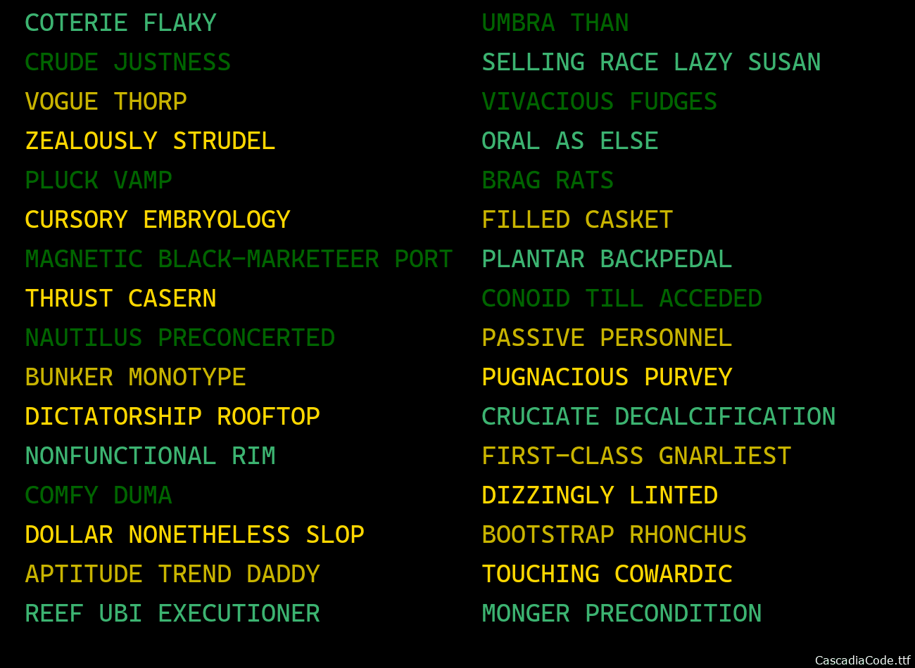 a grid of decrees (two to three word phrases randomly generated)