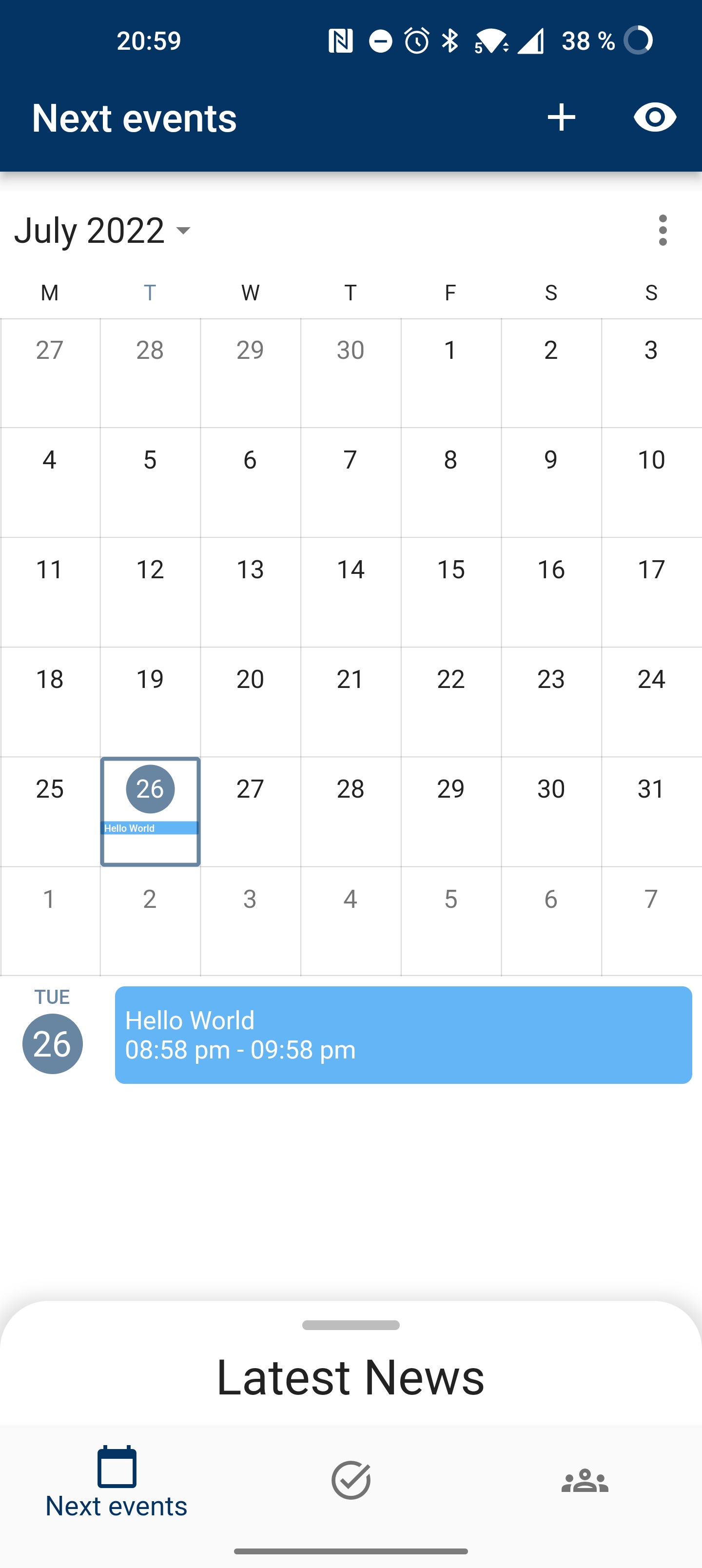 Calendar screen