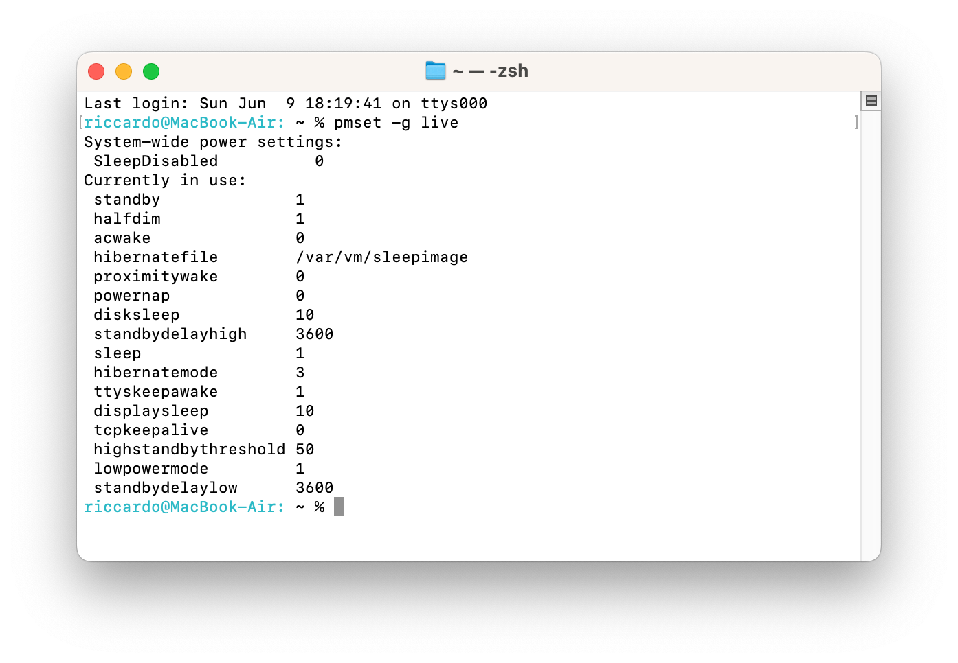 macOS pmset current settings