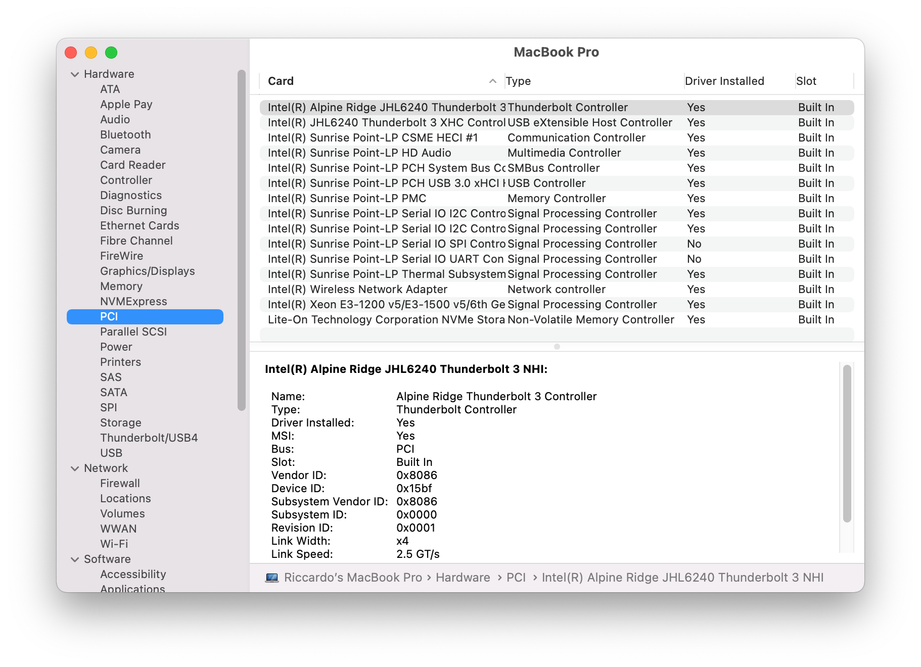 Thunderbolt Controller: PCI section