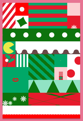 screenshot of christmas patterns card. It is a grid of various patterns animated. Patterns such as candy cane stripe, a wavy white and brown pattern that resembles a christmas pudding with cream on top, and so on.