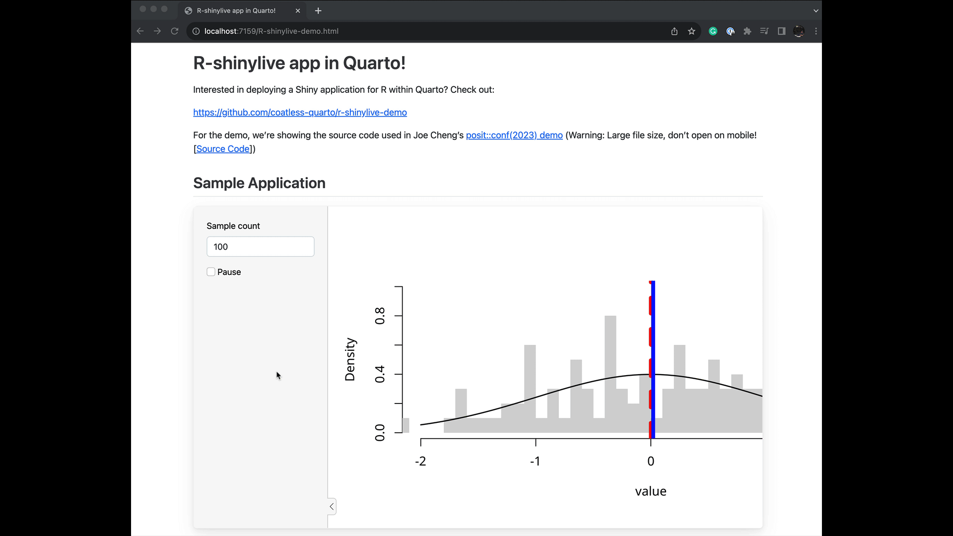 Example of the Shinylive app running in a Quarto HTML Document