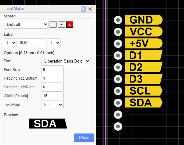 Screenshot of the Label Maker dialog and some labels