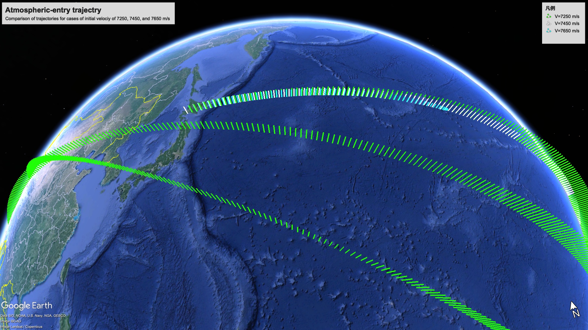 Atmospheric-entry trajectories.\label{fig:trajectory}