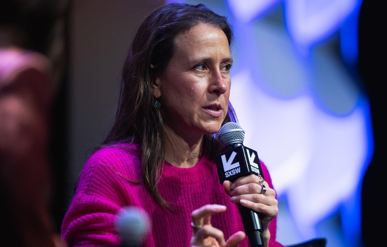 Anne Wojcicki, co-founder and chief executive officer of 23andme Inc., speaks on stage during the SXSW festival in 2023.