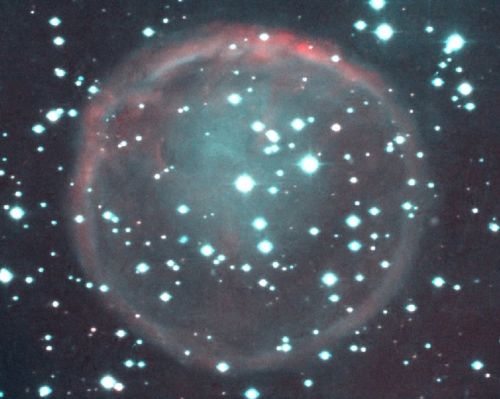 A synthetic colour image of WeSb 1 shown in red and blue colours