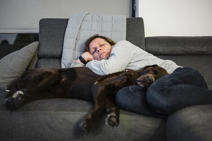 A woman and her black labrador cuddle and sleep on a sofa