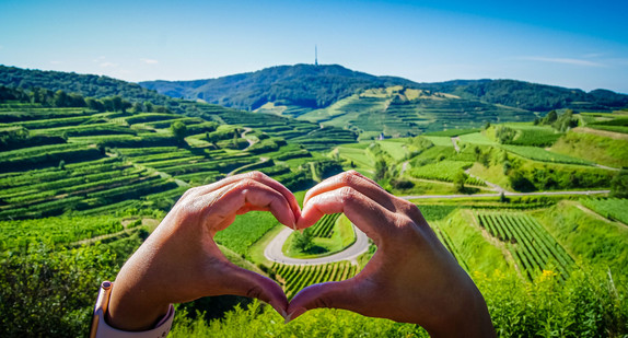 eine Hand formt Herz vor Landschaft