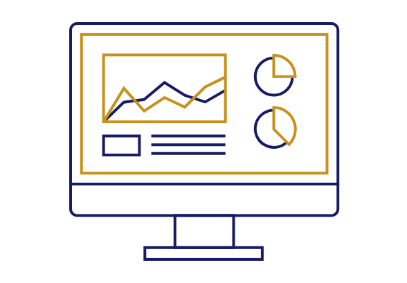 Computer monitor displaying icons of data and charts.