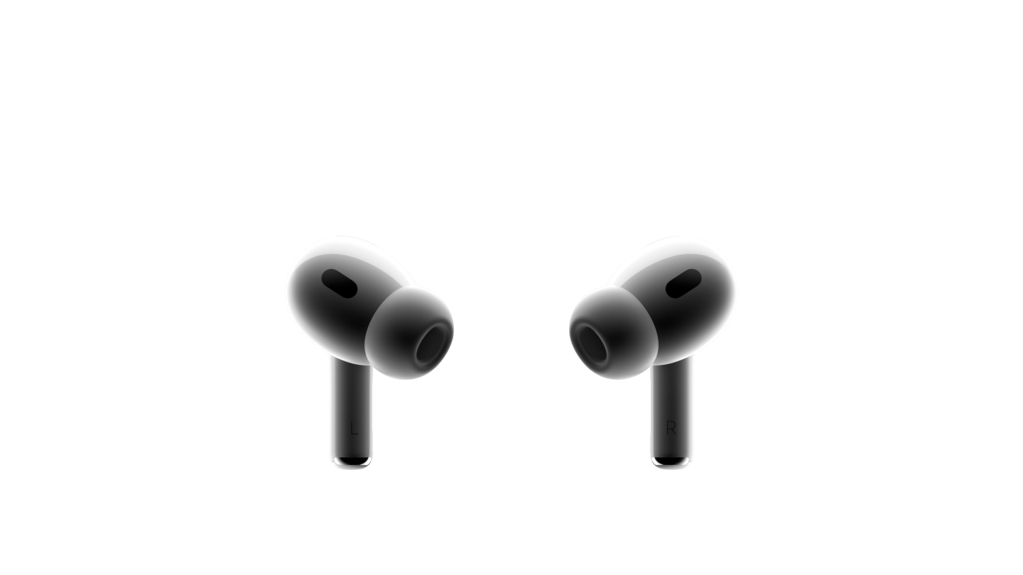 Imagen de dos AirPods Pro en blanco colocados uno frente a otro que muestra el diseño compacto, las almohadillas de silicona y la malla negra.