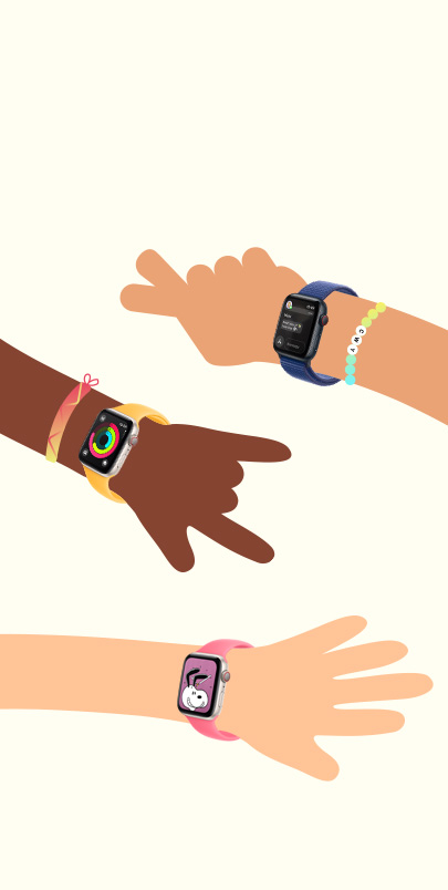 Illustration of two childrens’ hands. Each is wearing an Apple Watch SE. Click the plus button to see more information on Apple Watch For Your Kids features.