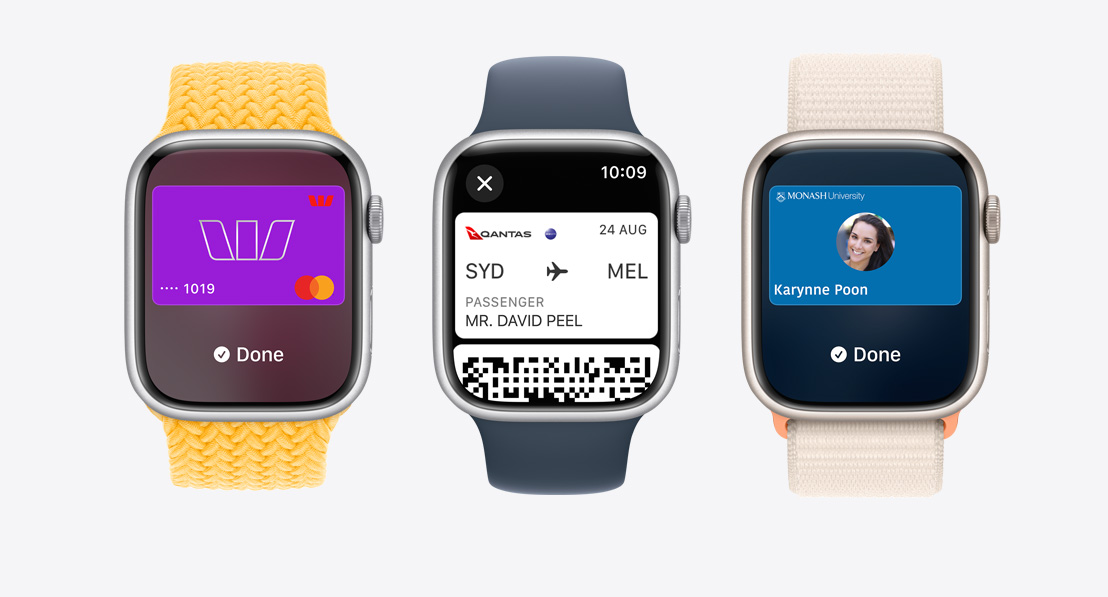 Three Apple Watch Series 10. The first shows a bank card being used with Apple Pay. The second shows a boarding pass being used with the Wallet App. The third shows an ID being used through the Wallet app.