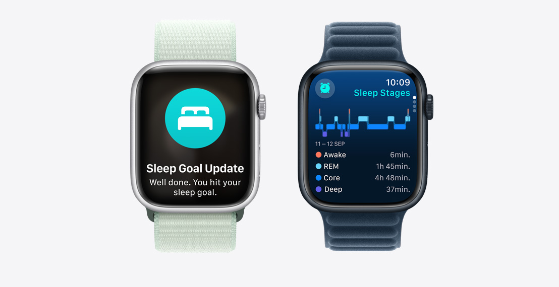 Two Apple Watch Series 10. The first shows Sleep Stages data. The second shows a Sleep Goal notification.