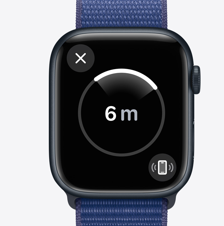 The Precision Finding screen on an Apple Watch Series 10 showing that the watch user’s iPhone is 6 metres away.