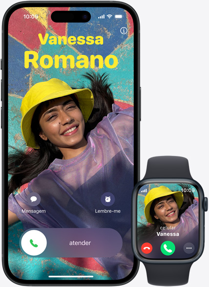 A mesma chamada pode ser atendida no iPhone 16 e no Apple Watch.