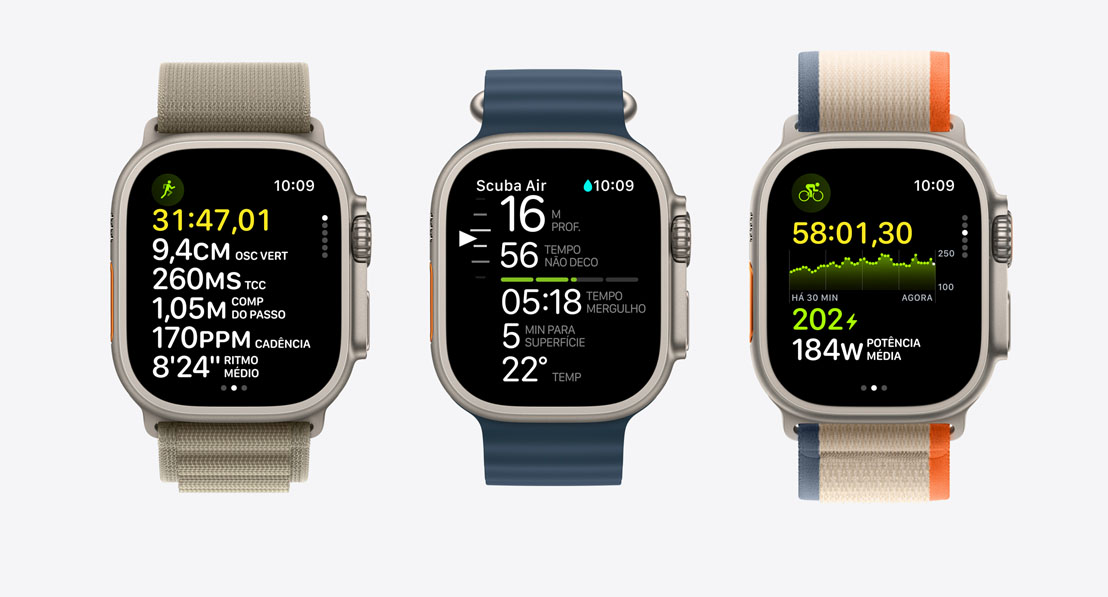 Três relógios Apple Watch com métricas de treinos. O primeiro mostra um treino de corrida. O segundo mostra um mergulho com cilindro. O terceiro mostra um treino de bicicleta.
