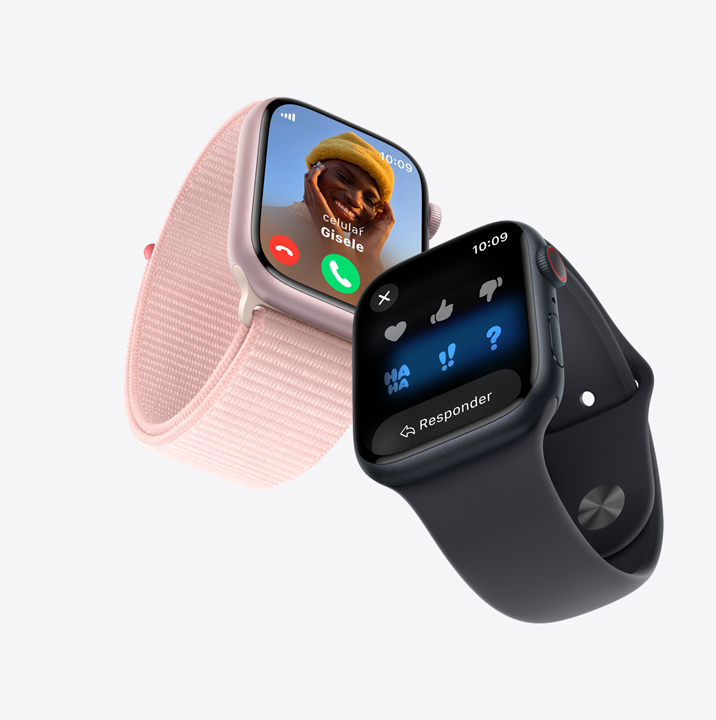 Dois relógios Apple Watch. O primeiro mostra uma ligação. O segundo mostra uma mensagem de texto.