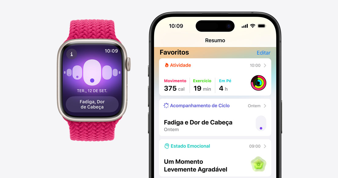 Apple Watch Series 10 exibindo o app Acompanhamento de Ciclo e um iPhone 16 Pro com o app Saúde mostrando informações do mesmo app.