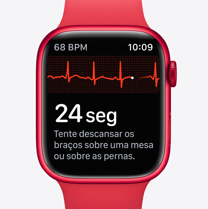 Tela do app ECG no Apple Watch Series 10 mostrando uma onda de eletrocardiograma e uma contagem regressiva de 24 segundos.