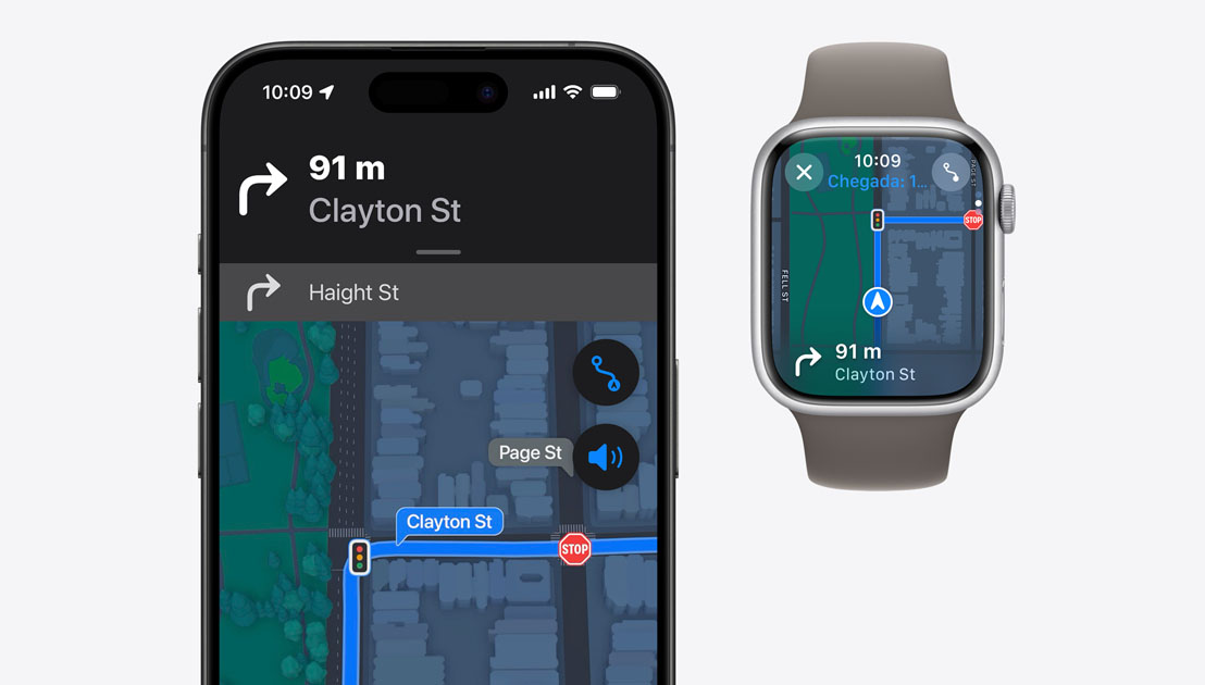 Instruções de navegação mostradas no iPhone e no Apple Watch.