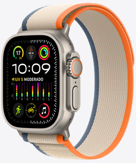 Apple Watch Ultra 2 com caixa preta de titânio e pulseira loop Trail preta.