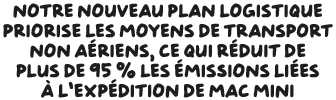 Notre nouveau plan logistique priorise les moyens de transport non aériens, ce qui réduit de plus de 95 % les émissions liées à l’expédition de Mac mini