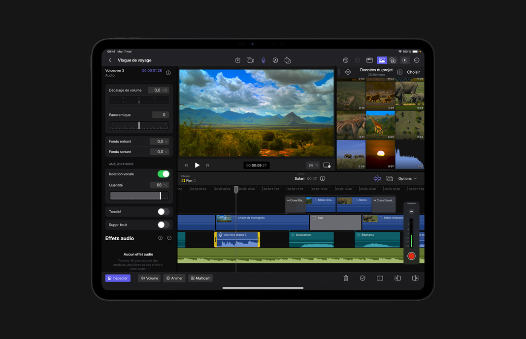 Modification d’un plan audio pour en supprimer le bruit de fond dans Final Cut Pro pour iPad sur un iPad Pro.