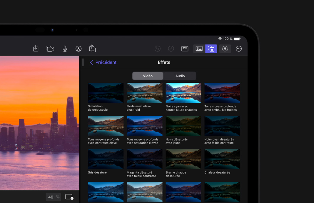 iPad Pro montrant les miniatures de divers effets visuels appliqués à des images d’un paysage dans Final Cut Pro pour iPad.