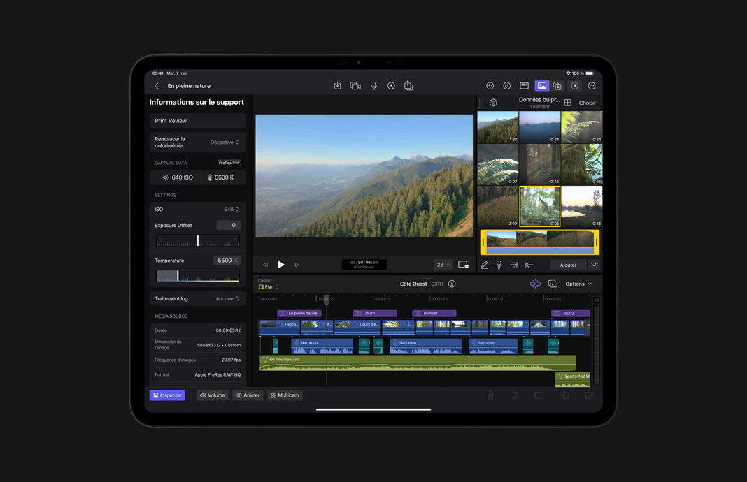 iPad Pro montrant le panneau d’information d’un plan en ProRes RAW dans Final Cut Pro pour iPad.